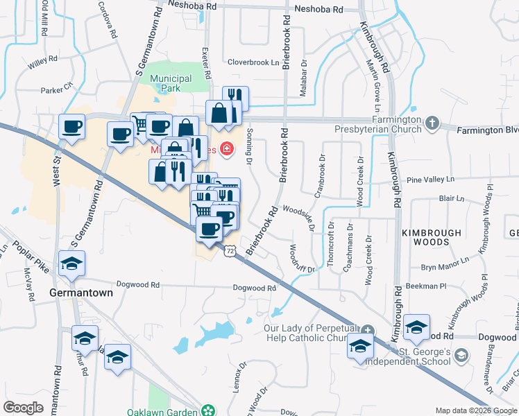 map of restaurants, bars, coffee shops, grocery stores, and more near 2122 Sonning Drive in Germantown