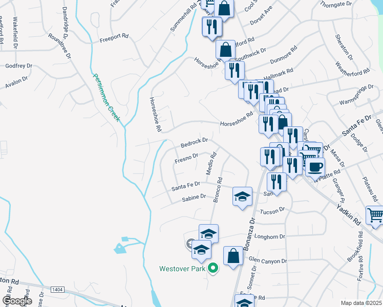 map of restaurants, bars, coffee shops, grocery stores, and more near 835 Fresno Drive in Fayetteville