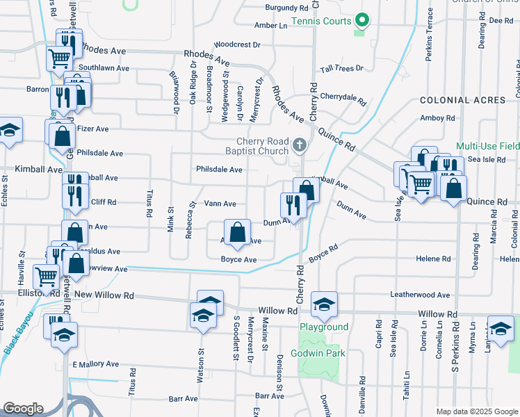 map of restaurants, bars, coffee shops, grocery stores, and more near 1496 Maxine Street in Memphis