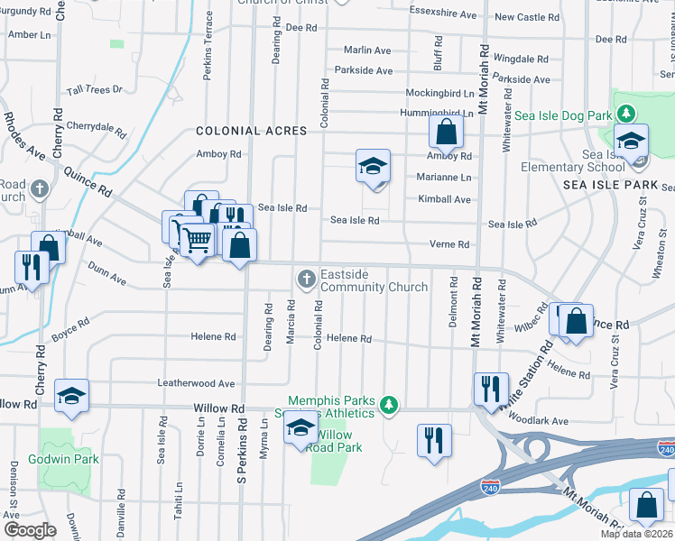 map of restaurants, bars, coffee shops, grocery stores, and more near 4777 Quince Road in Memphis