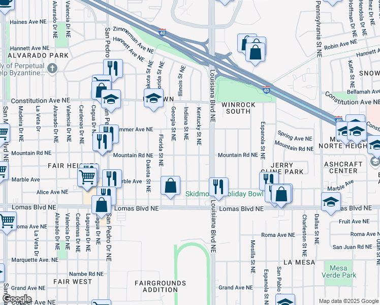 map of restaurants, bars, coffee shops, grocery stores, and more near 1400 Indiana Street Northeast in Albuquerque