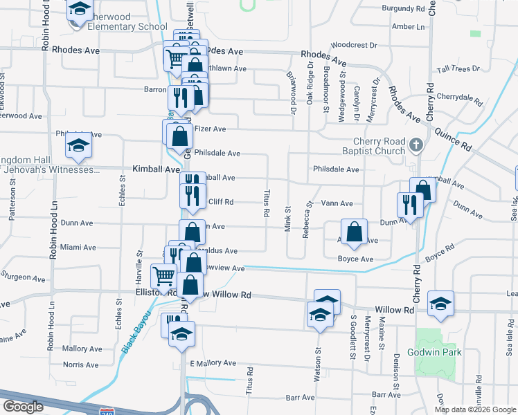 map of restaurants, bars, coffee shops, grocery stores, and more near 4077 Oak Cliff Road in Memphis