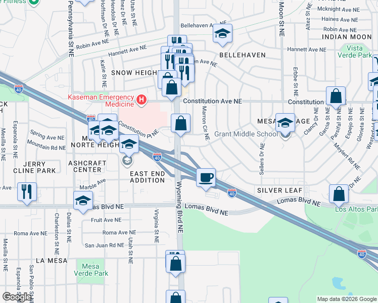 map of restaurants, bars, coffee shops, grocery stores, and more near 99999 Jaffa Road Northeast in Albuquerque