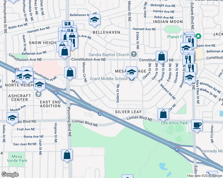 map of restaurants, bars, coffee shops, grocery stores, and more near 1101 Lester Drive Northeast in Albuquerque