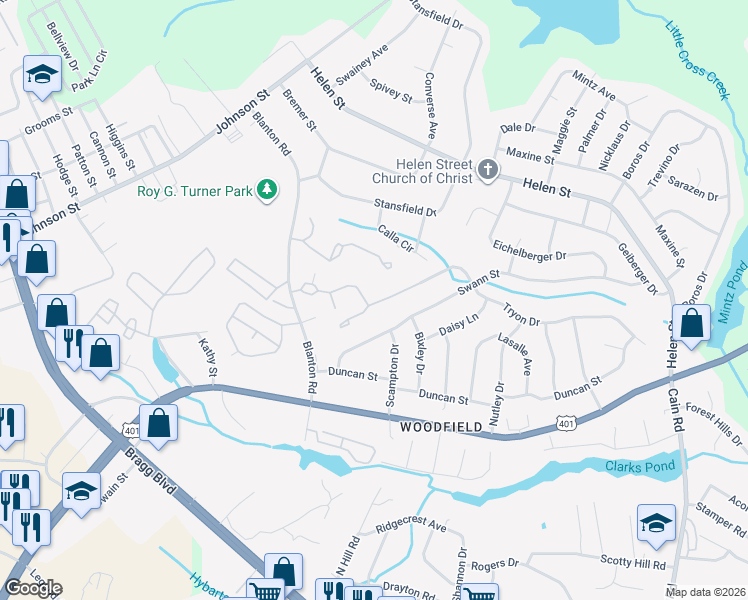 map of restaurants, bars, coffee shops, grocery stores, and more near 1825 Tryon Drive in Fayetteville
