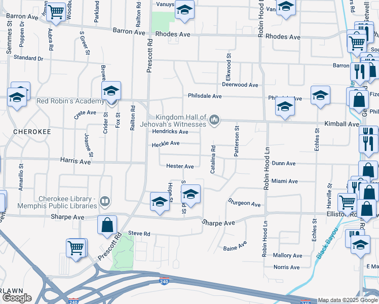 map of restaurants, bars, coffee shops, grocery stores, and more near 3506 Dunn Avenue in Memphis