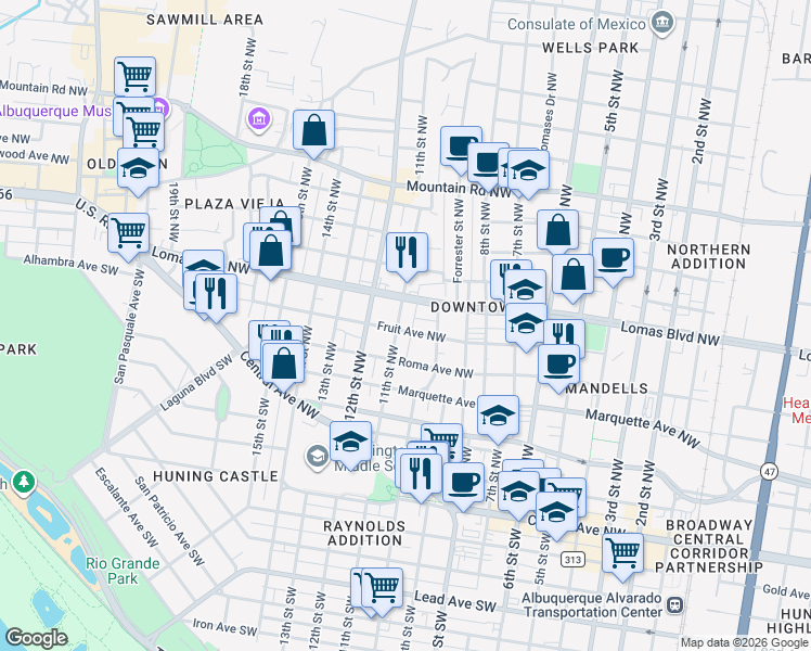 map of restaurants, bars, coffee shops, grocery stores, and more near 601 11th Street Northwest in Albuquerque