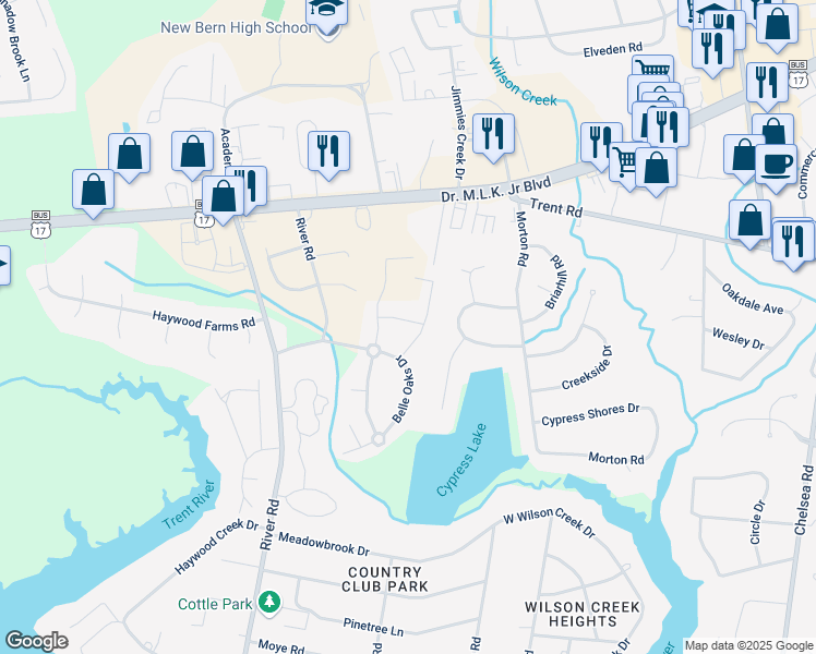 map of restaurants, bars, coffee shops, grocery stores, and more near 1004 Rodanthe Drive in New Bern