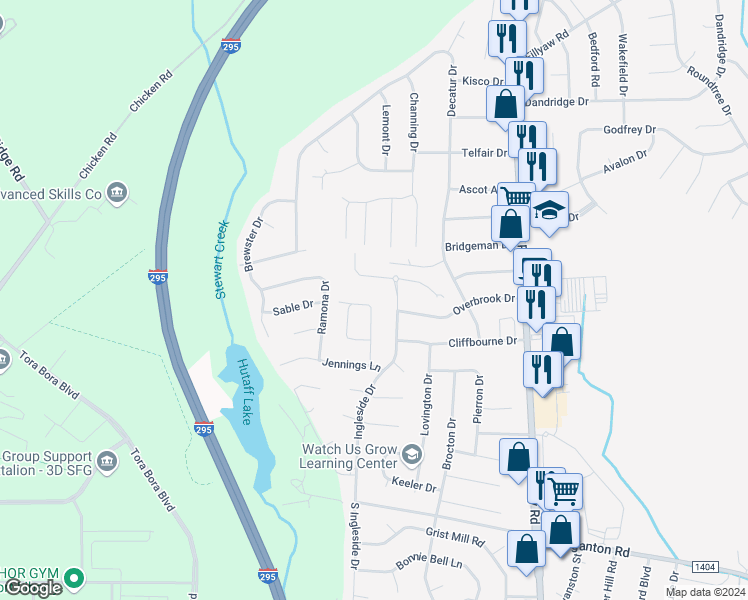 map of restaurants, bars, coffee shops, grocery stores, and more near 268 Crabapple Circle in Fayetteville