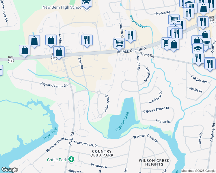 map of restaurants, bars, coffee shops, grocery stores, and more near 1004 Rodanthe Drive in New Bern