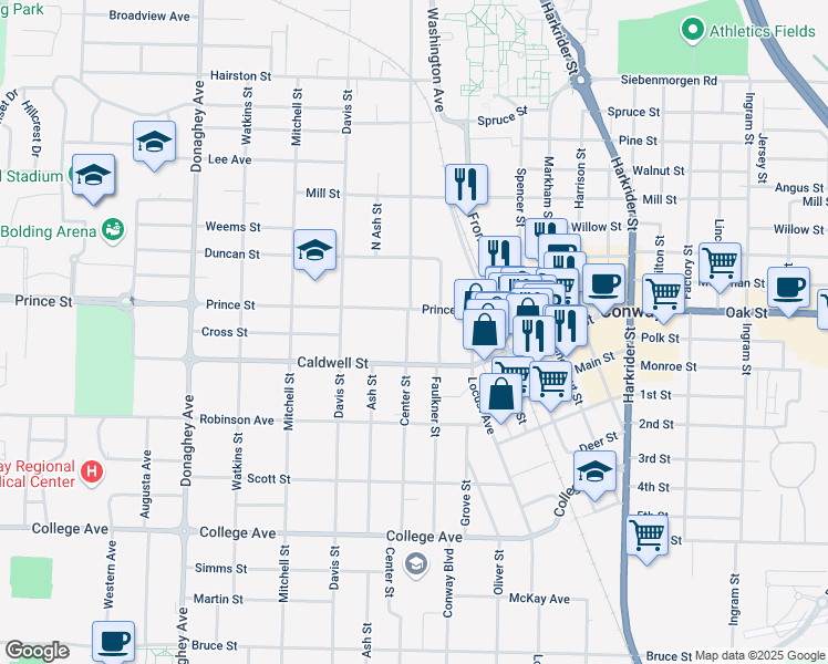 map of restaurants, bars, coffee shops, grocery stores, and more near 928 Center Street in Conway
