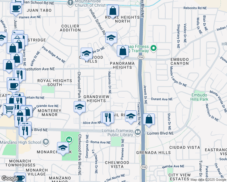 map of restaurants, bars, coffee shops, grocery stores, and more near 13103 Mountain Road Northeast in Albuquerque