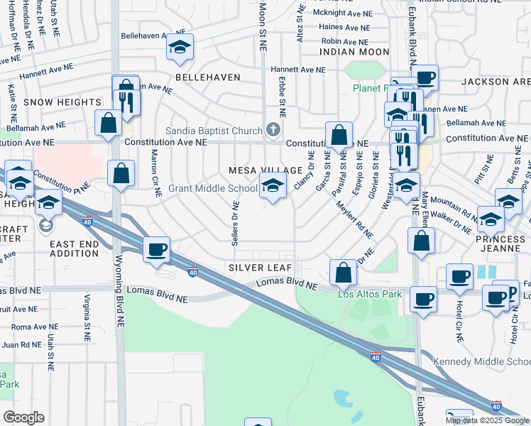 map of restaurants, bars, coffee shops, grocery stores, and more near 1111 Easterday Drive Northeast in Albuquerque