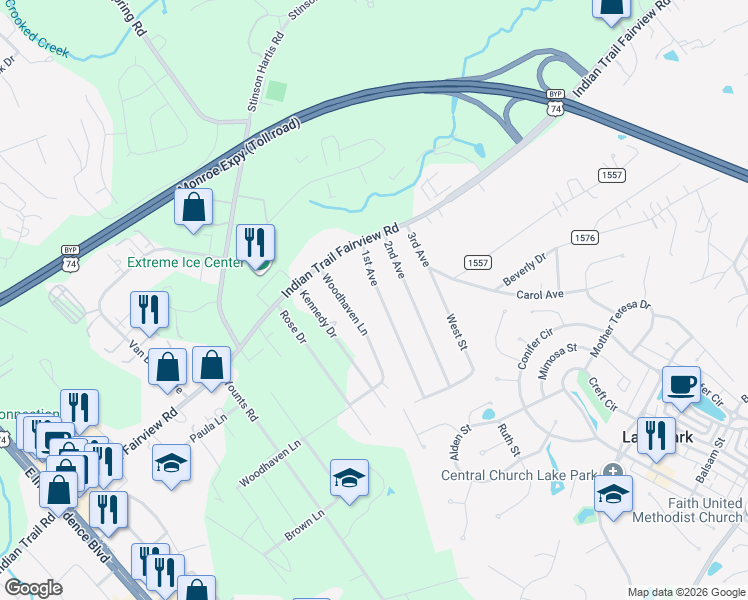 map of restaurants, bars, coffee shops, grocery stores, and more near 6723 1st Avenue in Indian Trail