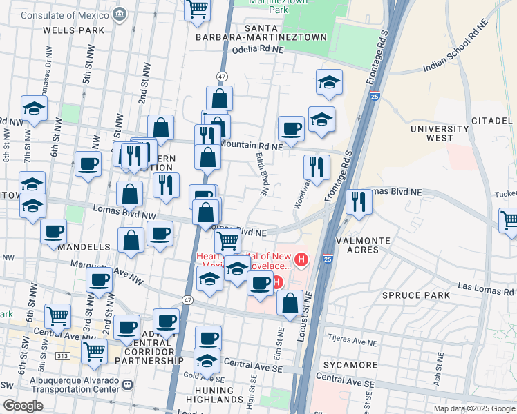 map of restaurants, bars, coffee shops, grocery stores, and more near 900 Edith Boulevard Northeast in Albuquerque