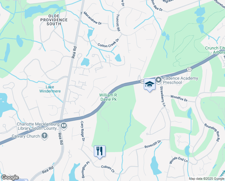 map of restaurants, bars, coffee shops, grocery stores, and more near Pineville-Matthews Road in Charlotte