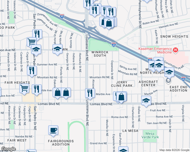 map of restaurants, bars, coffee shops, grocery stores, and more near 7201 Mountain Road Northeast in Albuquerque
