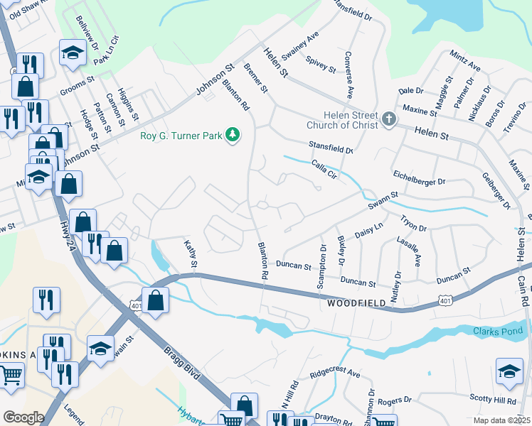 map of restaurants, bars, coffee shops, grocery stores, and more near 1901 Tryon Drive in Fayetteville