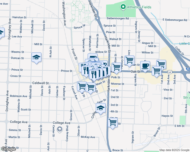 map of restaurants, bars, coffee shops, grocery stores, and more near 1011 Oak Street in Conway