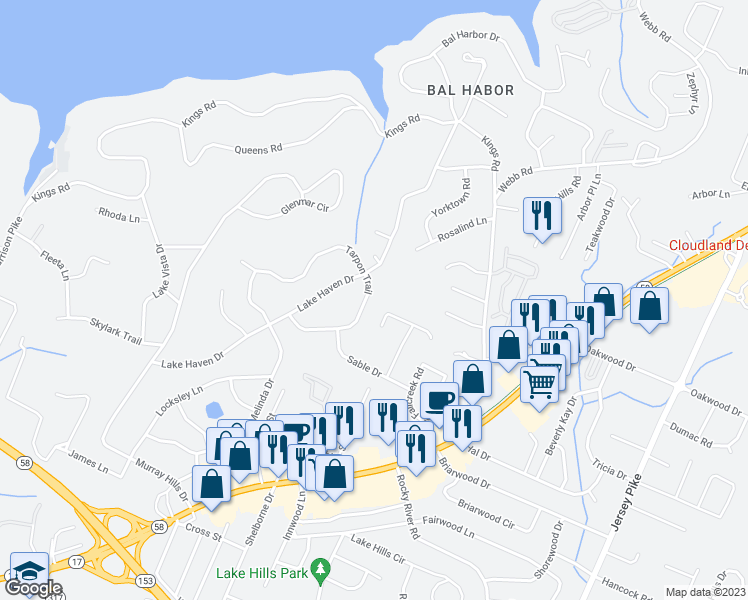 map of restaurants, bars, coffee shops, grocery stores, and more near 4705 Tarpon Trail in Chattanooga