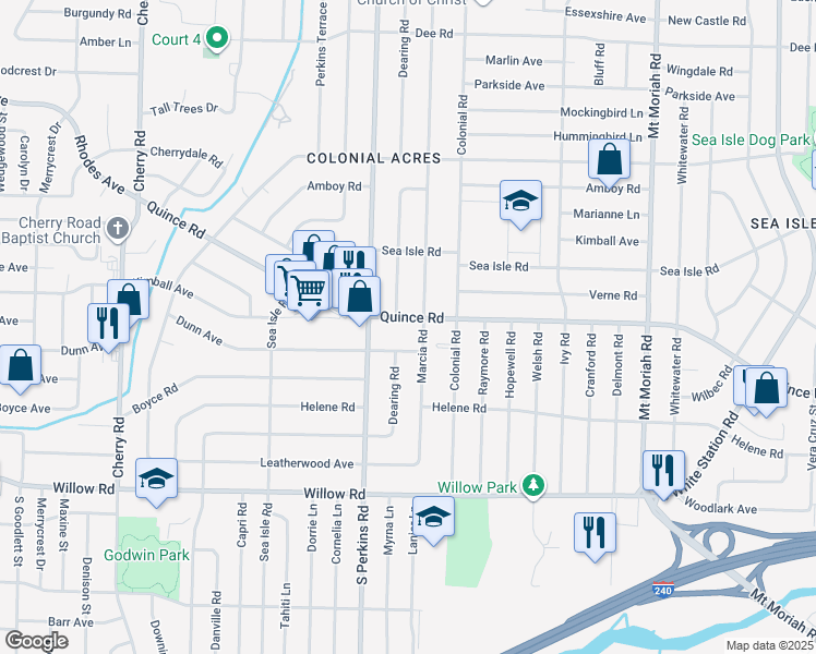 map of restaurants, bars, coffee shops, grocery stores, and more near 4695 Quince Road in Memphis