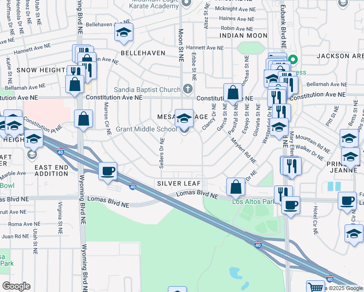 map of restaurants, bars, coffee shops, grocery stores, and more near 1111 Easterday Drive Northeast in Albuquerque