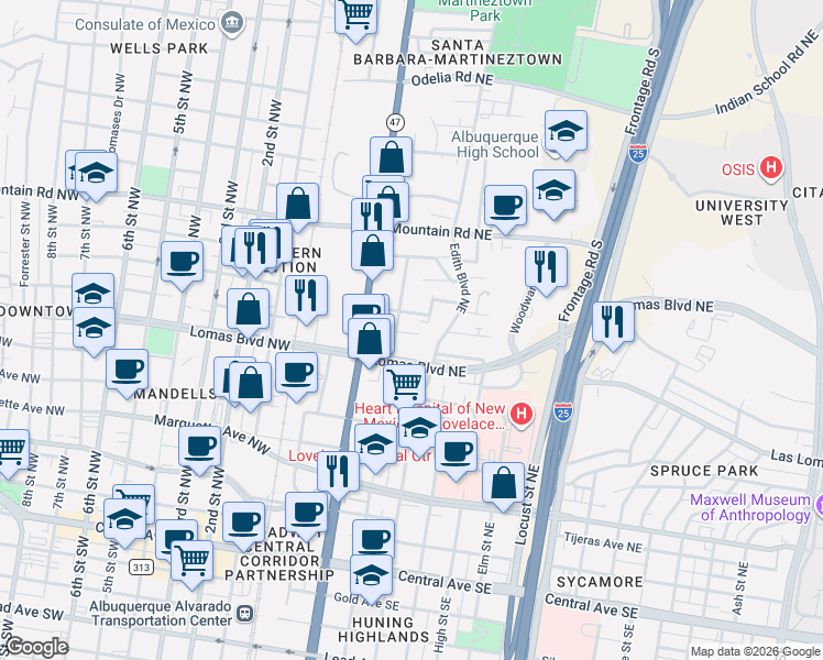 map of restaurants, bars, coffee shops, grocery stores, and more near 423 Placido Martinez Court Northeast in Albuquerque