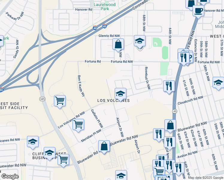 map of restaurants, bars, coffee shops, grocery stores, and more near 7301 Los Volcanes Road Northwest in Albuquerque