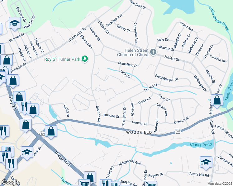 map of restaurants, bars, coffee shops, grocery stores, and more near 1825 Tryon Drive in Fayetteville