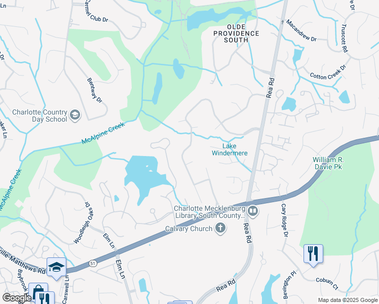 map of restaurants, bars, coffee shops, grocery stores, and more near 5625 5 Knolls Drive in Charlotte