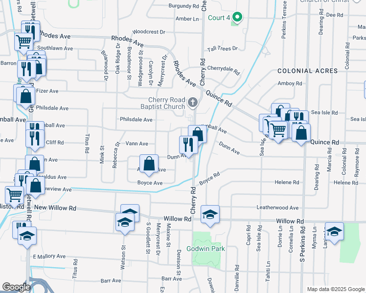 map of restaurants, bars, coffee shops, grocery stores, and more near 1494 Wanda Street in Memphis