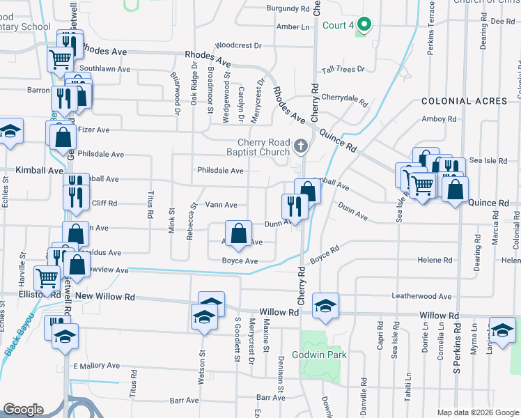 map of restaurants, bars, coffee shops, grocery stores, and more near 1496 Maxine Street in Memphis