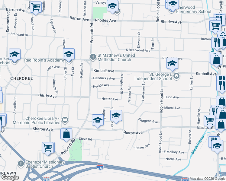 map of restaurants, bars, coffee shops, grocery stores, and more near 3506 Dunn Avenue in Memphis
