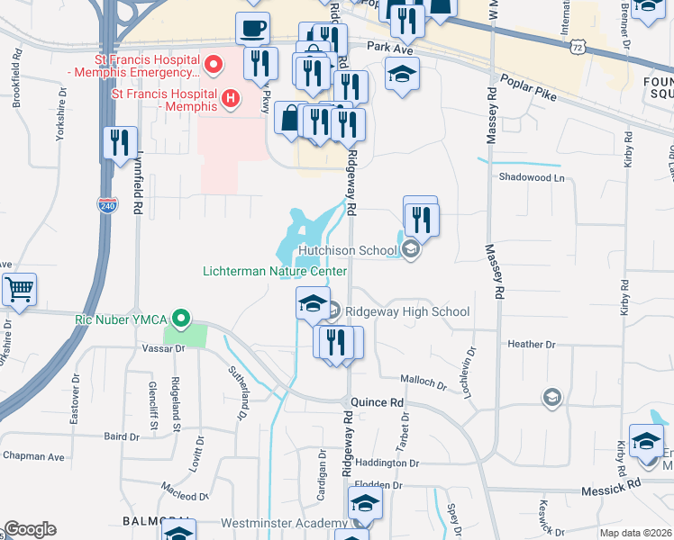 map of restaurants, bars, coffee shops, grocery stores, and more near 1775 Ridgeway Road in Memphis