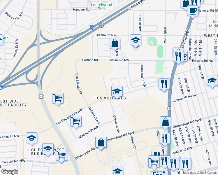 map of restaurants, bars, coffee shops, grocery stores, and more near 7301 Los Volcanes Road Northwest in Albuquerque