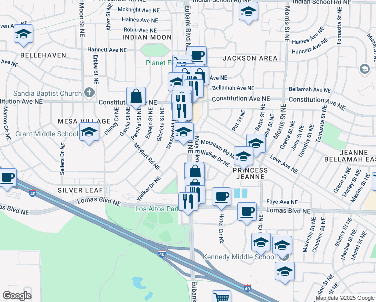 map of restaurants, bars, coffee shops, grocery stores, and more near 1107 Eubank Boulevard Northeast in Albuquerque