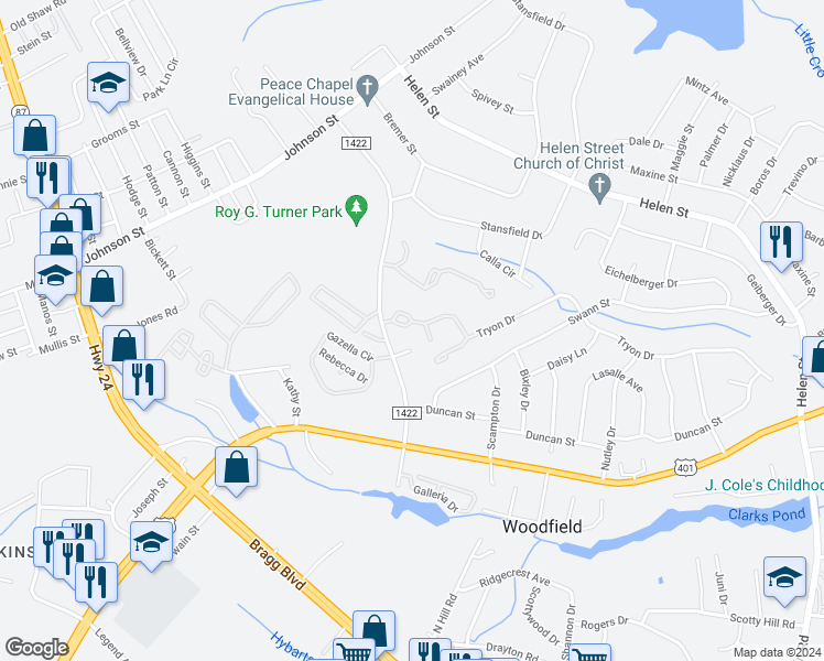 map of restaurants, bars, coffee shops, grocery stores, and more near 1901 Tryon Drive in Fayetteville