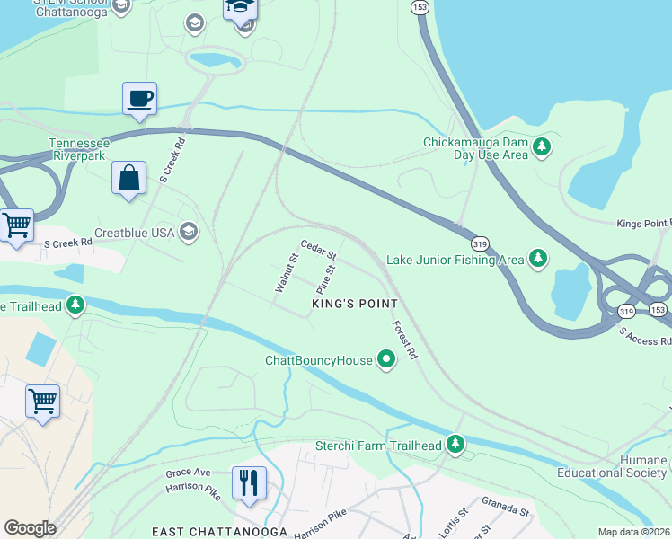 map of restaurants, bars, coffee shops, grocery stores, and more near 4310 Pine Street in Chattanooga