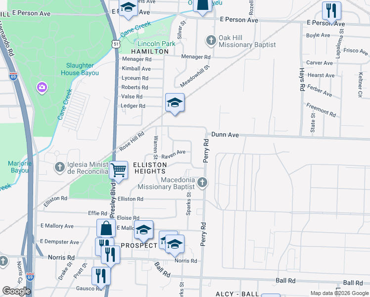 map of restaurants, bars, coffee shops, grocery stores, and more near 1524 Raven Avenue in Memphis