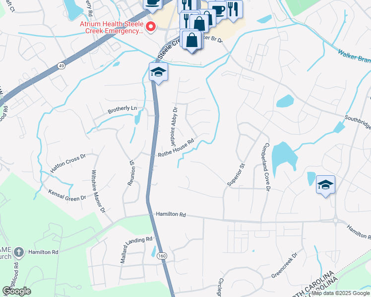 map of restaurants, bars, coffee shops, grocery stores, and more near 13031 Rothe House Road in Charlotte