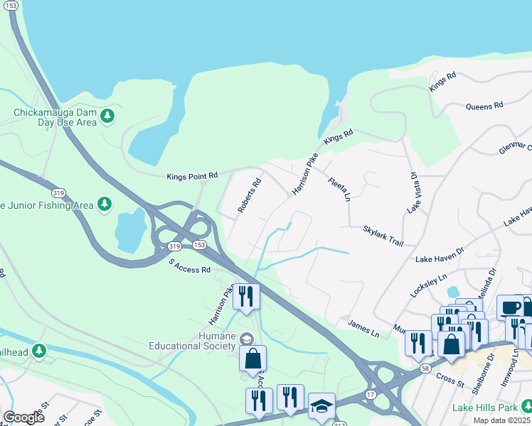 map of restaurants, bars, coffee shops, grocery stores, and more near 3327 Harrison Pike in Chattanooga