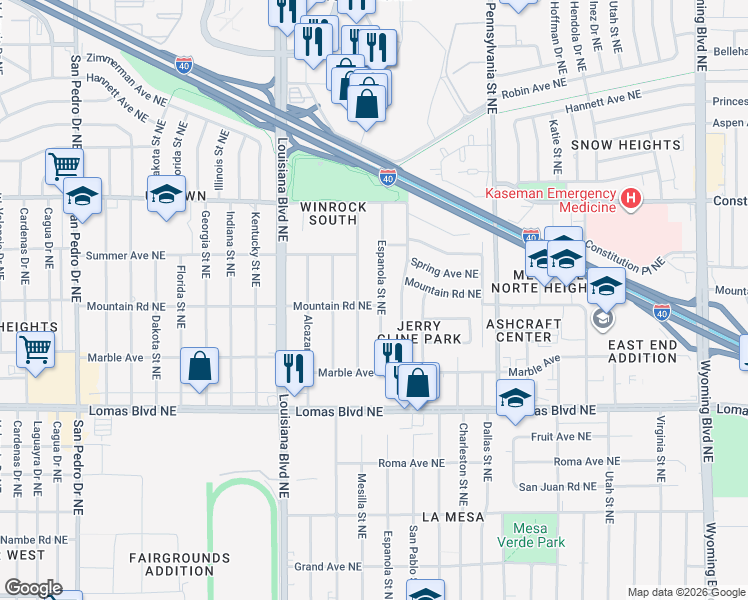 map of restaurants, bars, coffee shops, grocery stores, and more near 7409 Mountain Road Northeast in Albuquerque