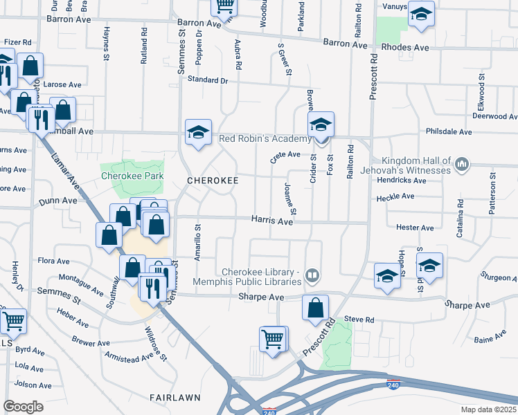 map of restaurants, bars, coffee shops, grocery stores, and more near 1488 Catherine Street in Memphis