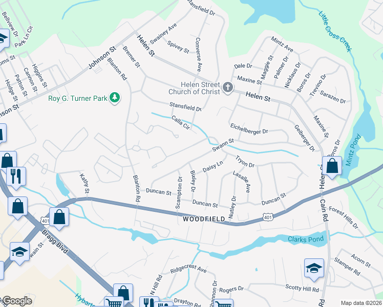map of restaurants, bars, coffee shops, grocery stores, and more near 1729 Swann Street in Fayetteville