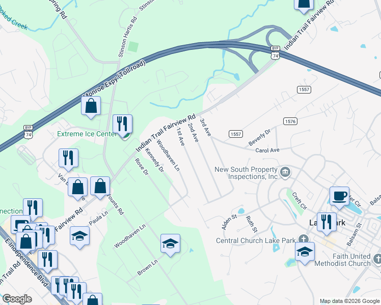 map of restaurants, bars, coffee shops, grocery stores, and more near 6720 1st Avenue in Indian Trail