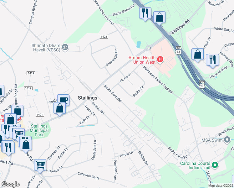 map of restaurants, bars, coffee shops, grocery stores, and more near 3125 Smith Farm Road in Stallings