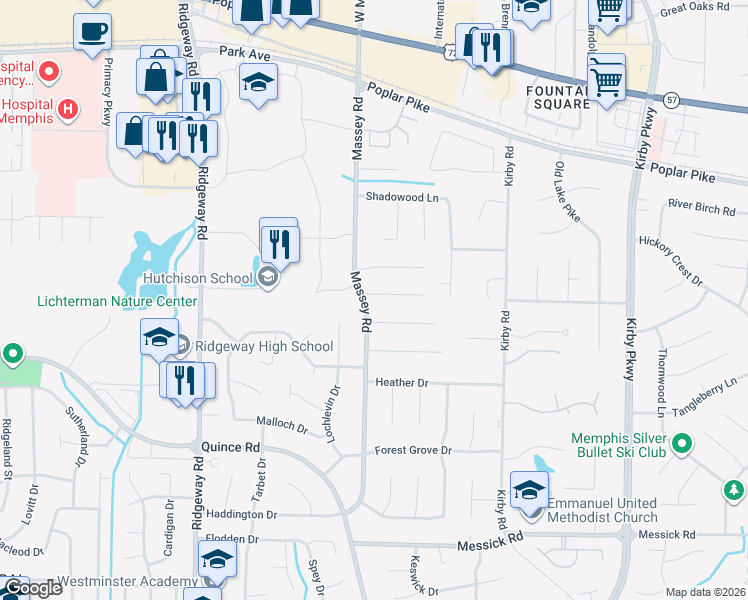map of restaurants, bars, coffee shops, grocery stores, and more near 6355 Candlewood Cove in Memphis