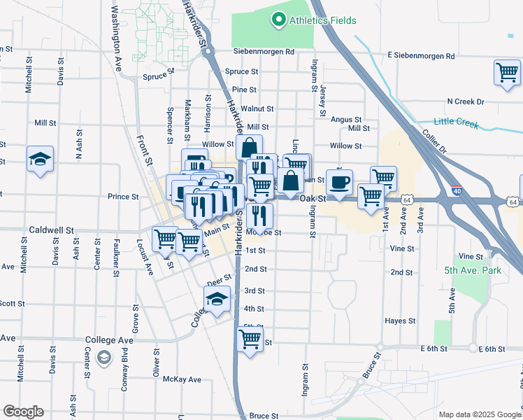 map of restaurants, bars, coffee shops, grocery stores, and more near 813 Oak Street in Conway