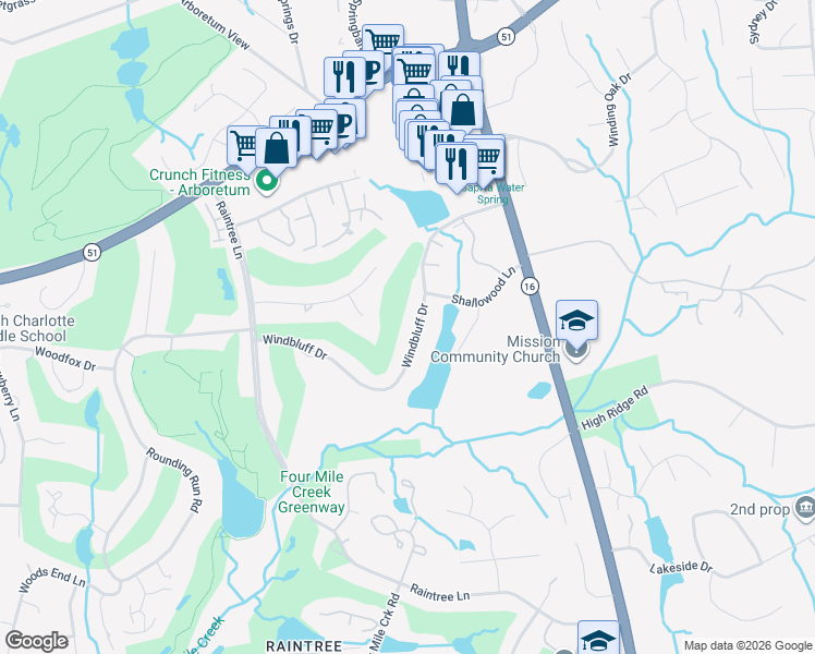 map of restaurants, bars, coffee shops, grocery stores, and more near 3400 Windbluff Drive in Charlotte