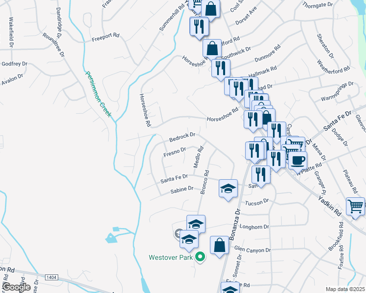 map of restaurants, bars, coffee shops, grocery stores, and more near 835 Fresno Drive in Fayetteville